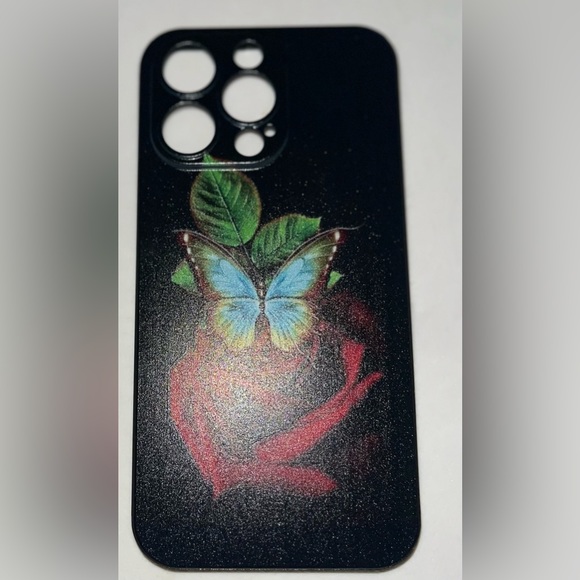 iPhone 13 Pro Black W/ Butterfly Rose Art Silicone Soft Protective Phone Case - Picture 3 of 6